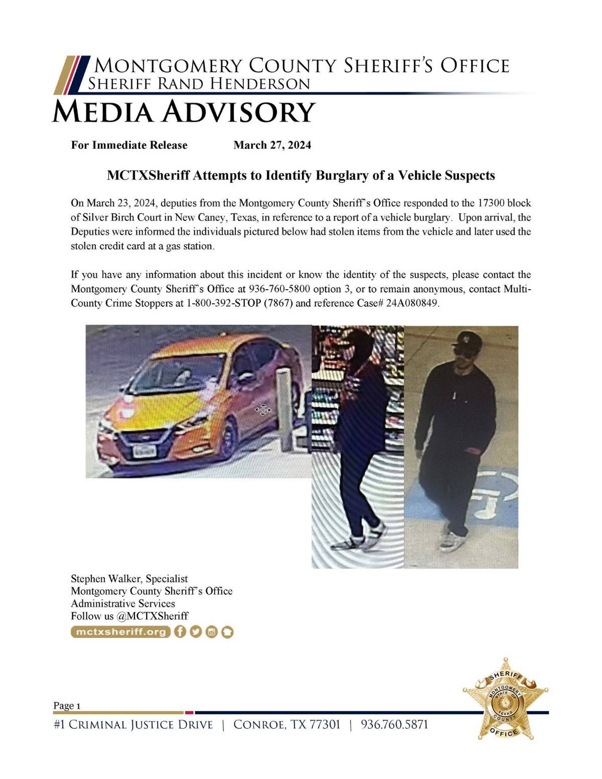 Montgomery County Sheriff Seeks Public Help in Vehicle Burglary